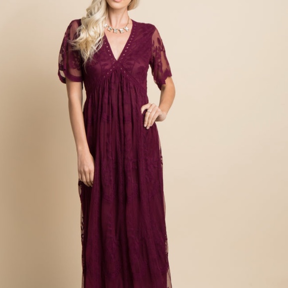 Pinkblush Dresses & Skirts - PINKBLUSH Burgundy Lace Mesh Overlay Maternity Maxi Dress